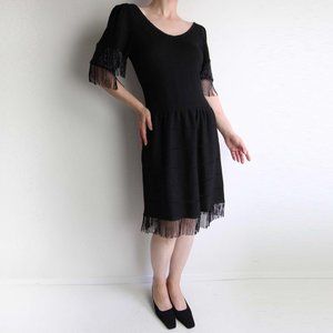 Vintage 1970s Black Knit Beaded Fringe Dress